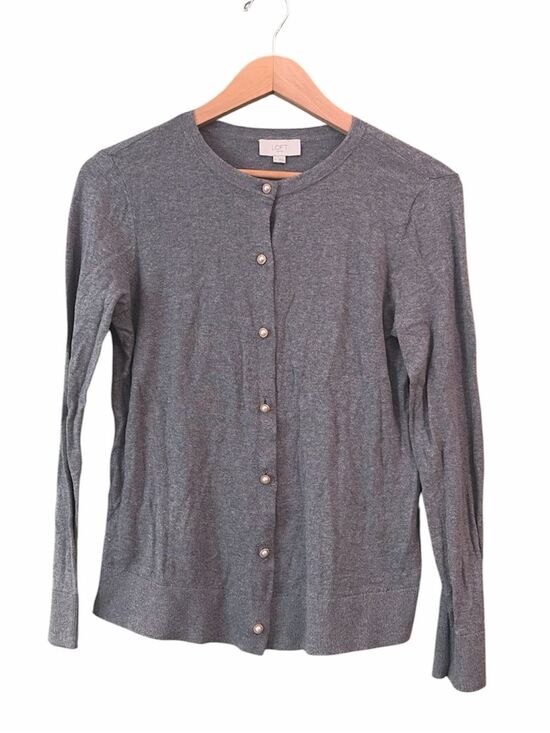 LOFT Sweaters - LOFT Grey Crewneck Pearl Gold Button Cardigan Sweater Sz M